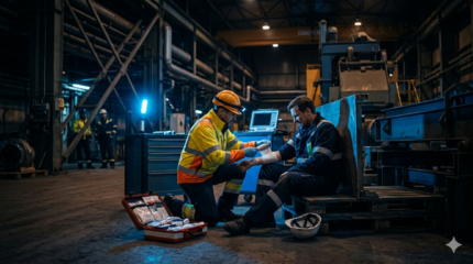 Rescatista vendando el brazo de un trabajador en planta industrial con botiquín de primeros auxilios abierto.